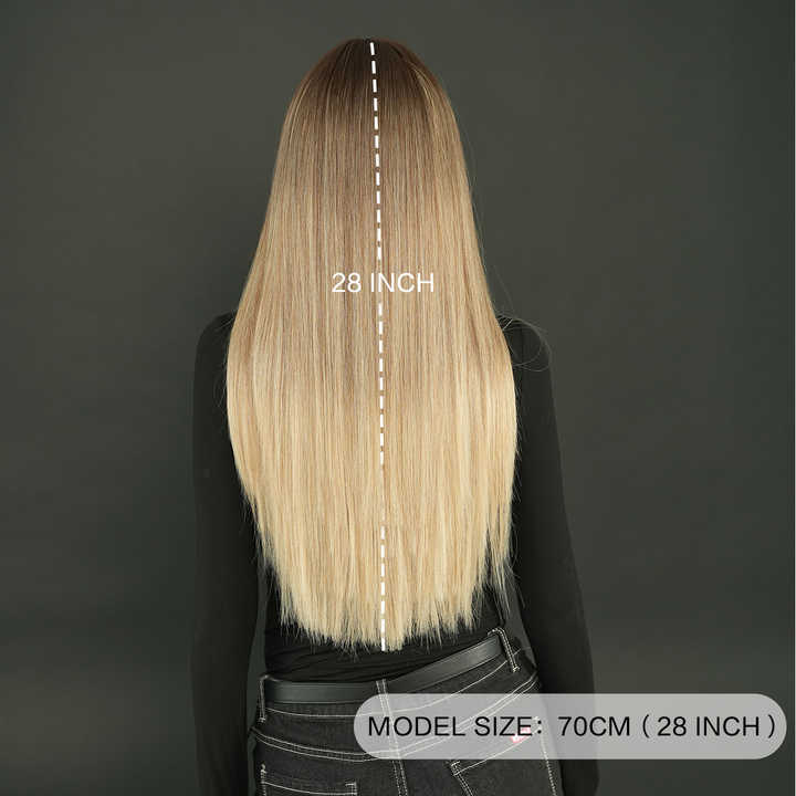 28-inch brown and gold long straight wig, heat-resistant, high-quality long straight brown women's synthetic wig