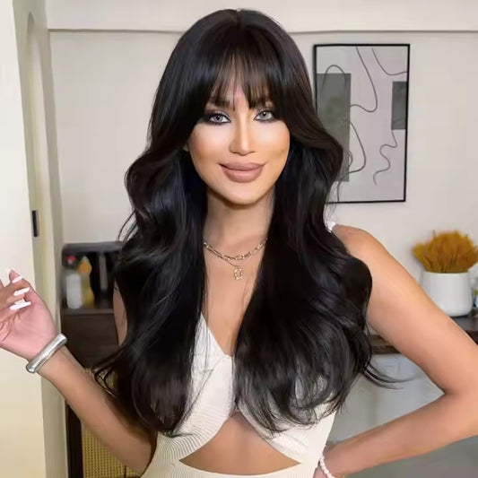 26 inch long black curly wig with bangs synthetic matte wig